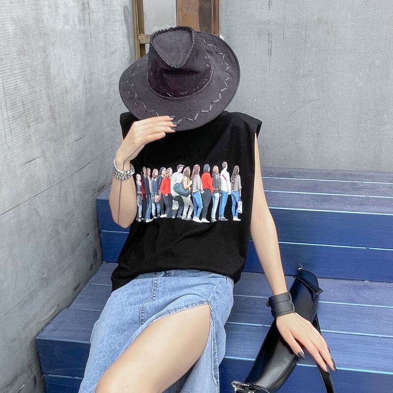 ブラックノースリーブTシャツ シャツ レディースサマープリントルーズ薄手 コットン 夏物 ピュア ラブタオタオダレンハウス85566742722