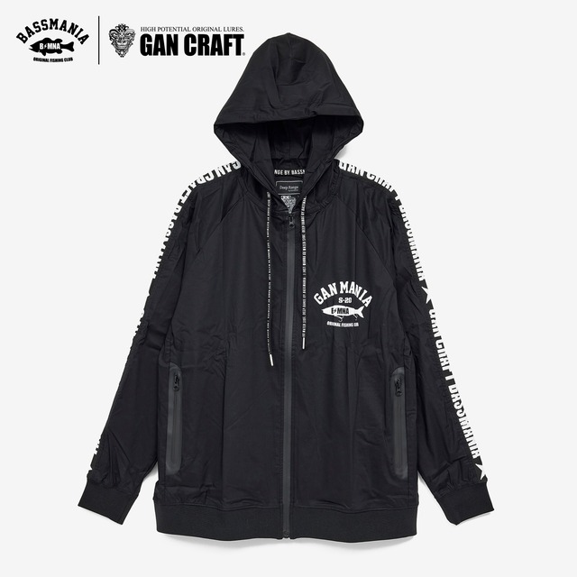 【GANCRAFT×BASSMANIA】サイドリブ編みロゴストレッチZIPパーカー［BLK］［限定生産］