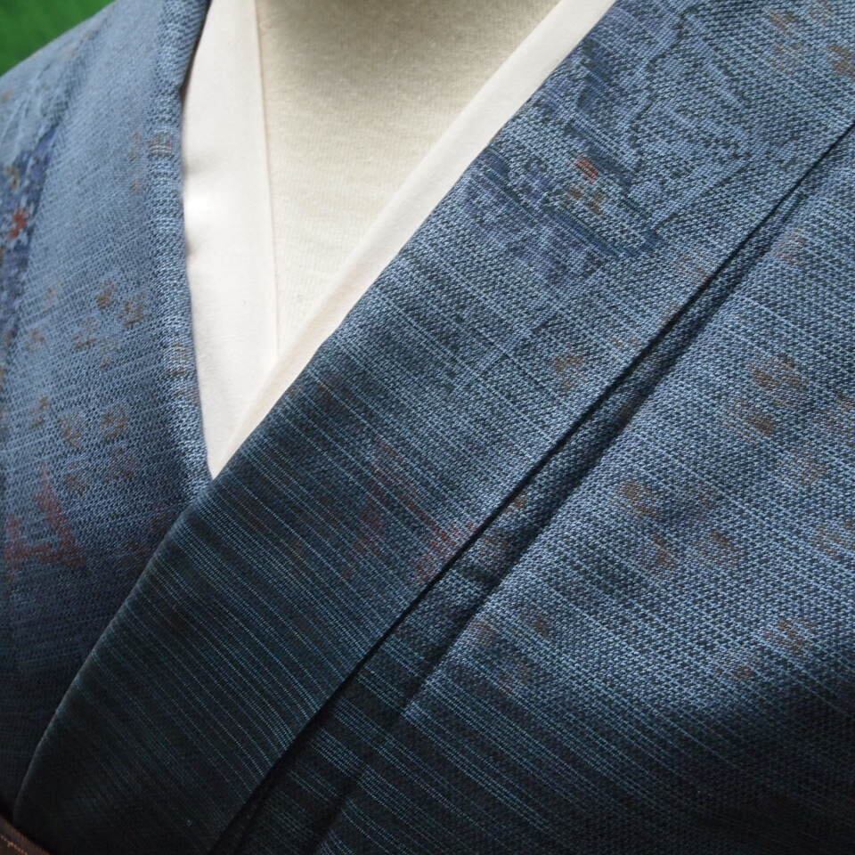 紬着物 絞り柄 型染 花柄模様 紺藍色 ますいわ屋 K-4537 fit=scale-down,w=1200