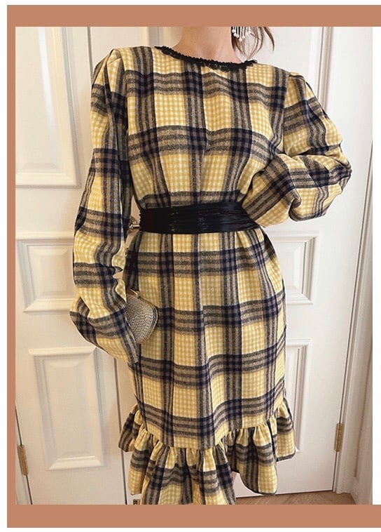 黄色 チェック ワンピース ゆったり ガーリー ツイード 黄色 黒 リボン