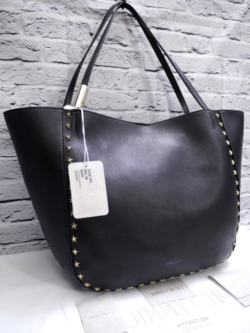 2018美品★JIMMY CHOO ジミーチュウ STEVIE スティーヴィー スター☆スタッズ A4対応ビジネス可 レザー トート バッグ 黒★ 大容量トート♪