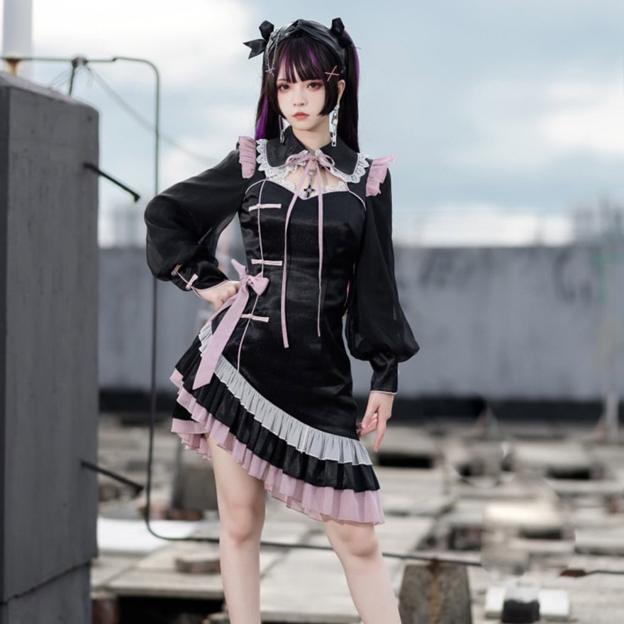 サブカル 服 地雷系 通販 チャイナ風ワンピース 長袖 襟付き リボン ロリィタ服サブカルファッション