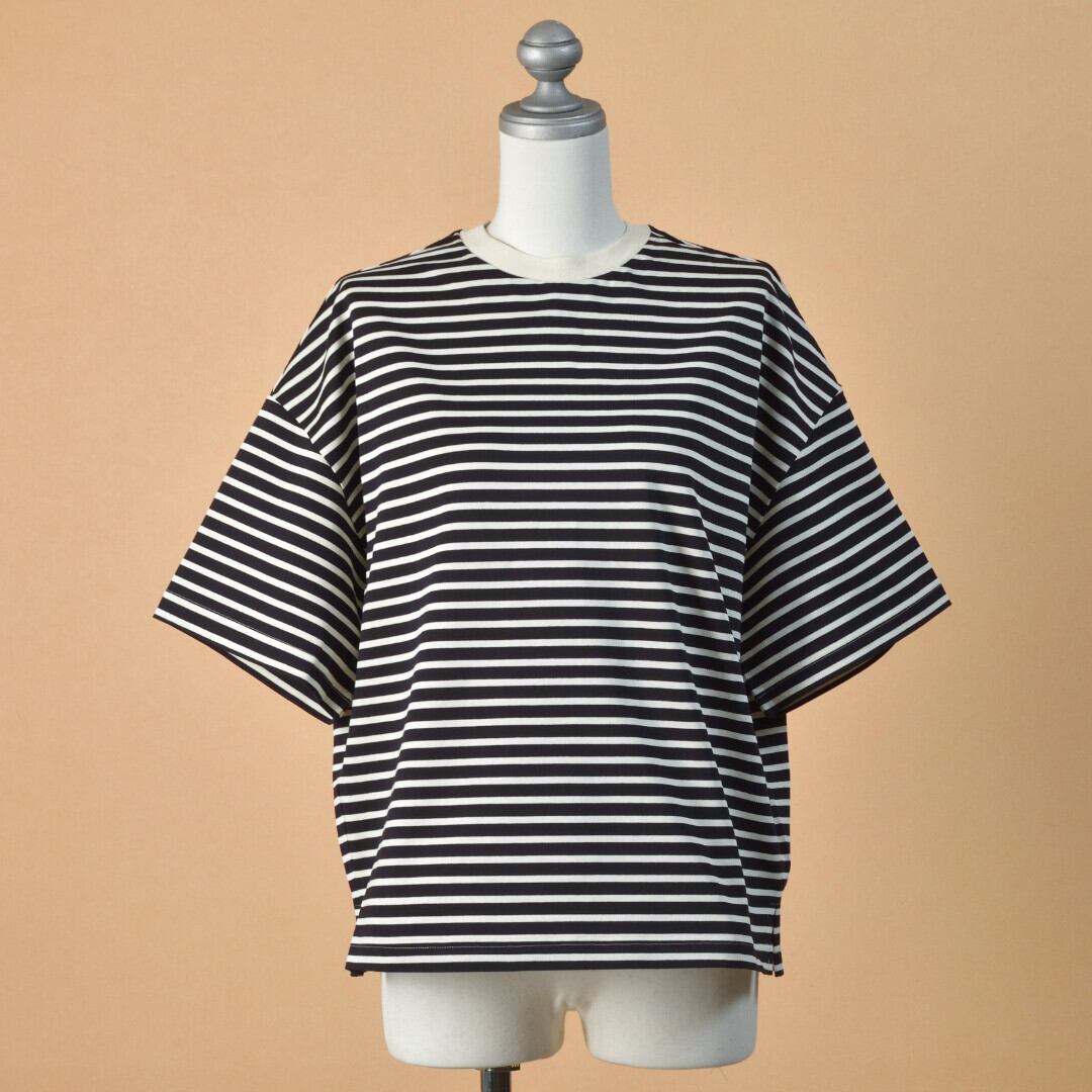 atelier naruse アトリエナルセ コットンボーダーカットソー・ブラックxキナリ 新しいコットン生地を使ったカットソー【送料150円~】