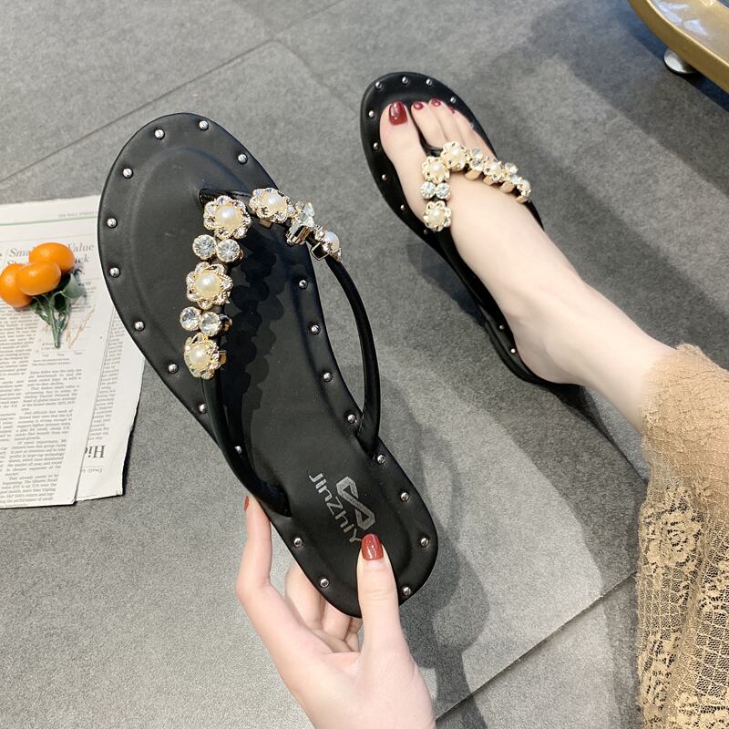 イン香港スタイルのスリッパ女性の2020年夏の新しいバージョンの野生のラインストーンフラットボトムサンダルのシックな妖精 部族の婦人靴7721355