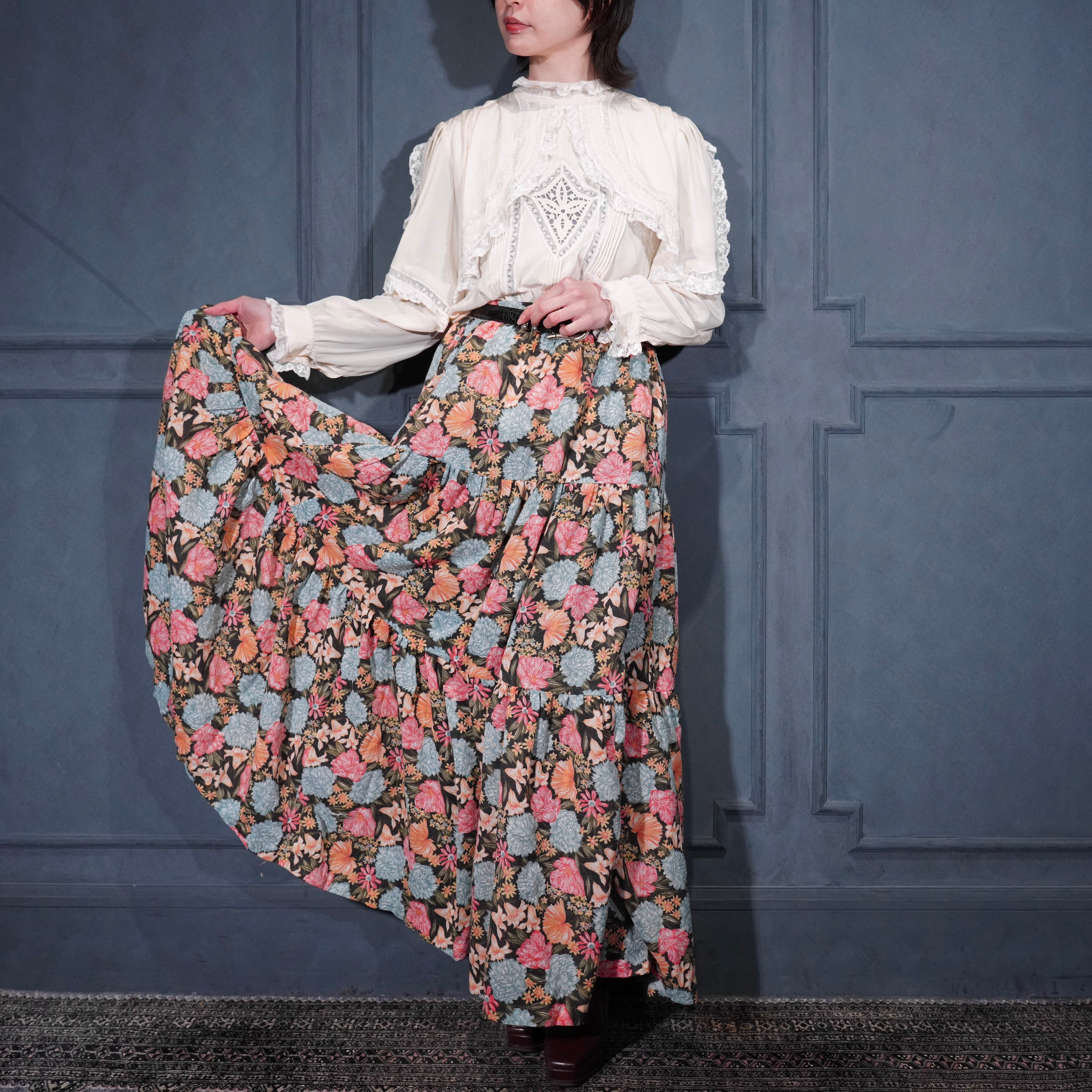 70's USA VINTAGE FLOWER PATTRNED COTTON LONG SKIRT/70年代アメリカ