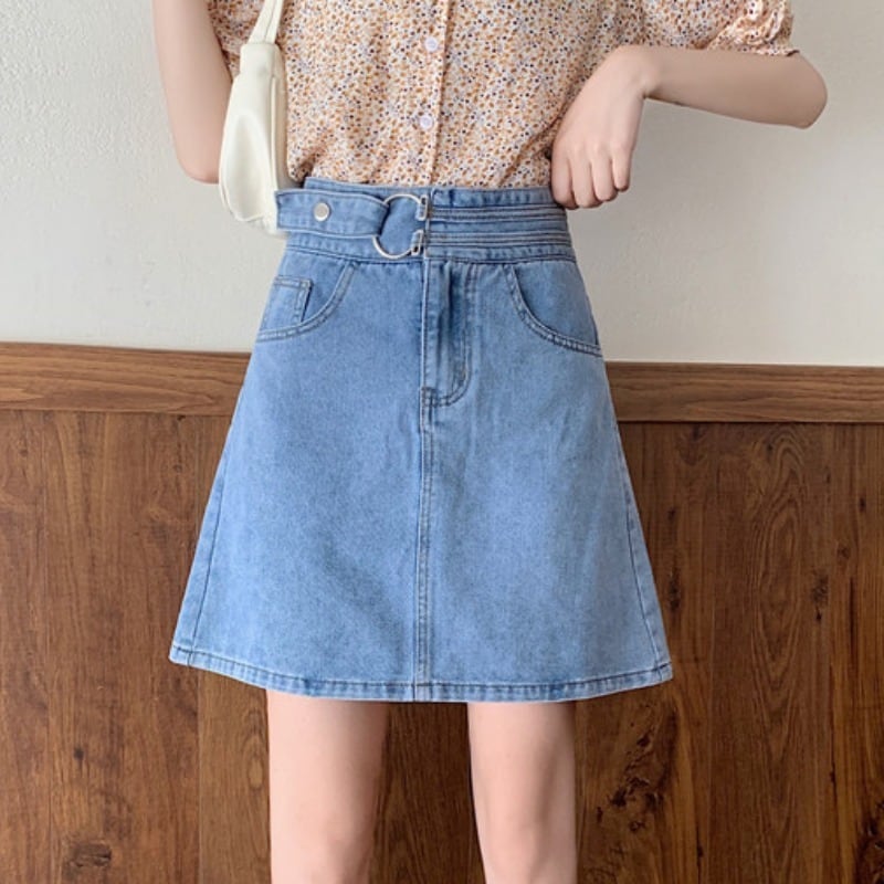 スカートの女性2020年夏の新しい香港スタイルのレトロなハイウエストデニムスカートオールマッチの薄い明るい色のAラインスカート 1号婦人59683616410