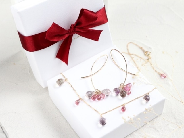 14kgf-pink chilly tears pierced earrings and short necklace(ajustable chain)set