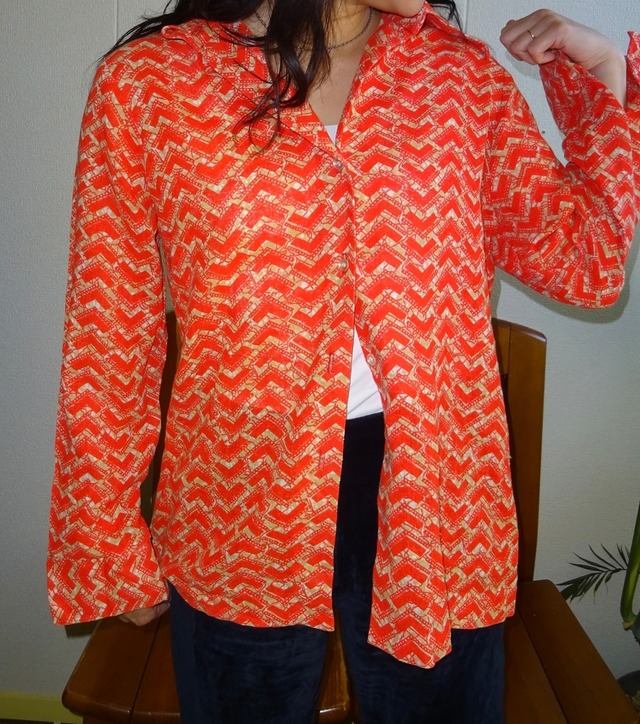 1970s Red Geometric Print Sheer Vintage Shirt