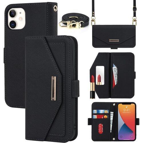 Pelanty for iPhone 12 Mini 手帳型ケース 縄掛け肩掛け斜めがけ ショルダー 合成皮革+TPU 携帯カバー 化粧鏡付き ストラップ付き マグネット iPhone12 mini 財布型カバー ICカードポケット お札入れ小銭入れ大容量 収納ポケット スタンド機能 ファスナー付き アイフォン12ミニ 耐衝撃 肩縄付き-ブラック 1519