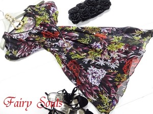 ★送料無料★7号(S)★シルク☆インナー付き片開きボタニカル柄のワンピース(OPN5661)