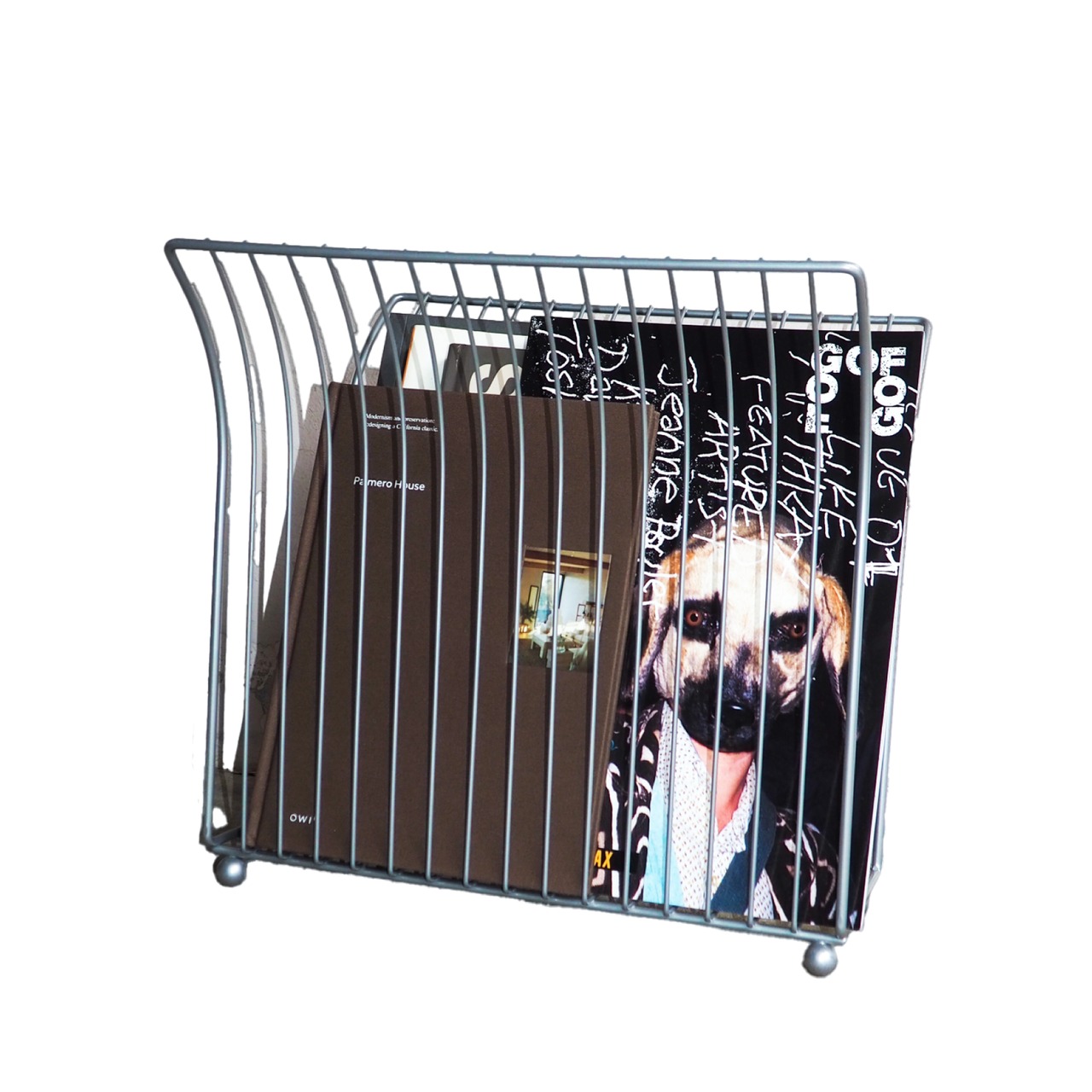 Grey wire magazine rack