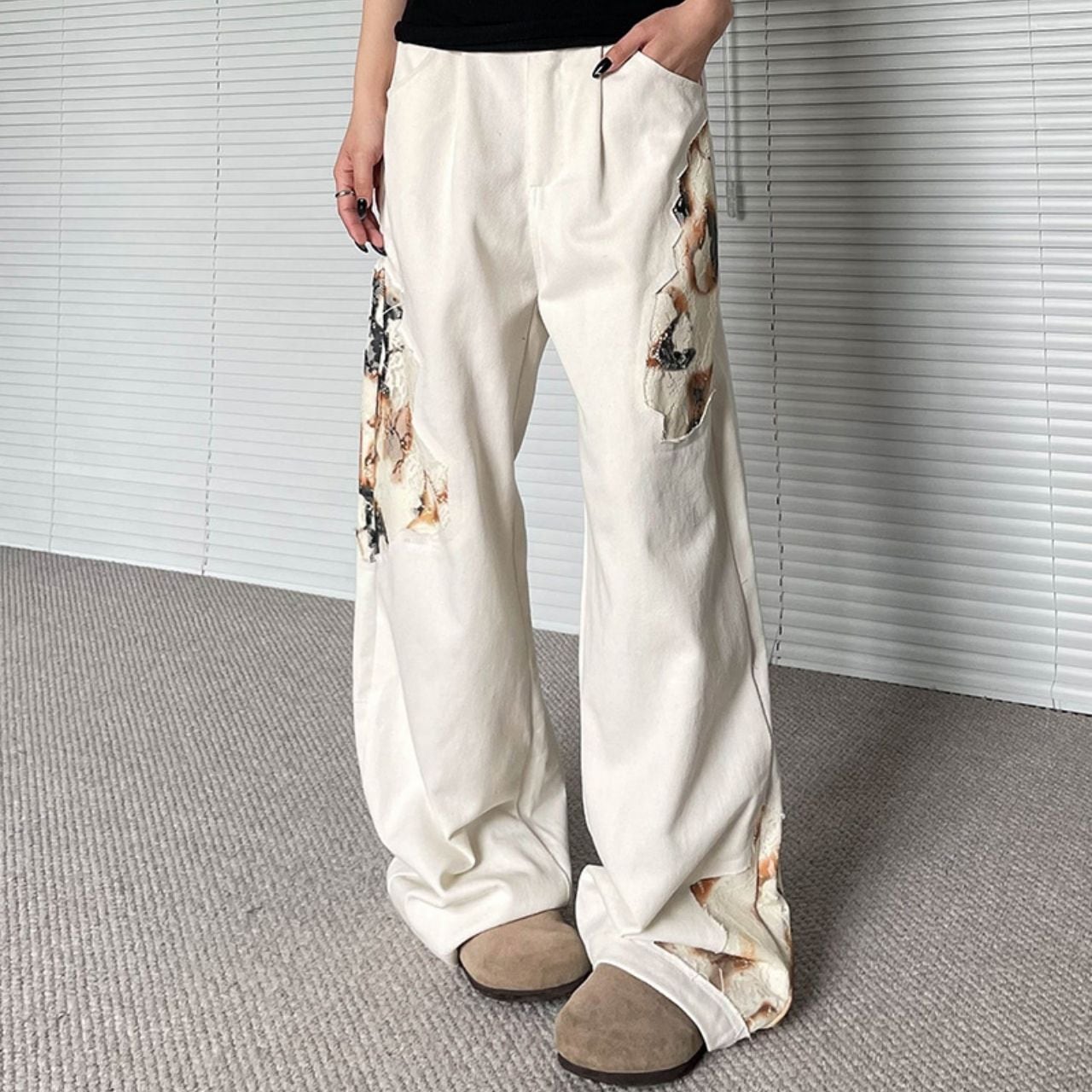 バーントレースダメージパッチワークワイドパンツ R00308