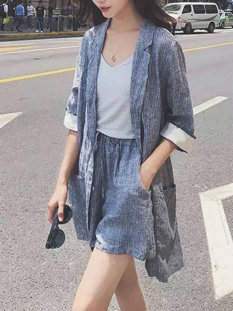 ストライプロングジャケット ショートパンツ 上下セット 大人カジュアルコーデ きれいめ おしゃれ 大きいサイズ 韓国 Ch5112 可愛い大きいサイズ韓国レディースファッション通販 Chulachula チュラチュラ
