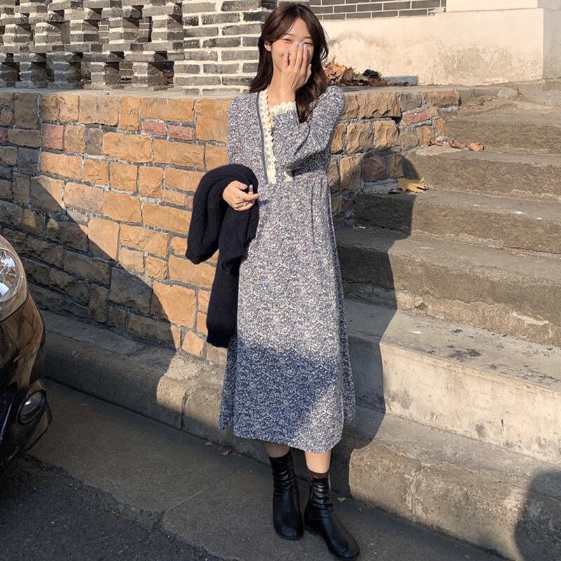 送料無料 レトロガーリー フローラルレースワンピース 女っぽ 今っぽレトロ ミモレ丈 小花柄 Lamitte Deco トレンド 韓国ファッション ショップ Base店