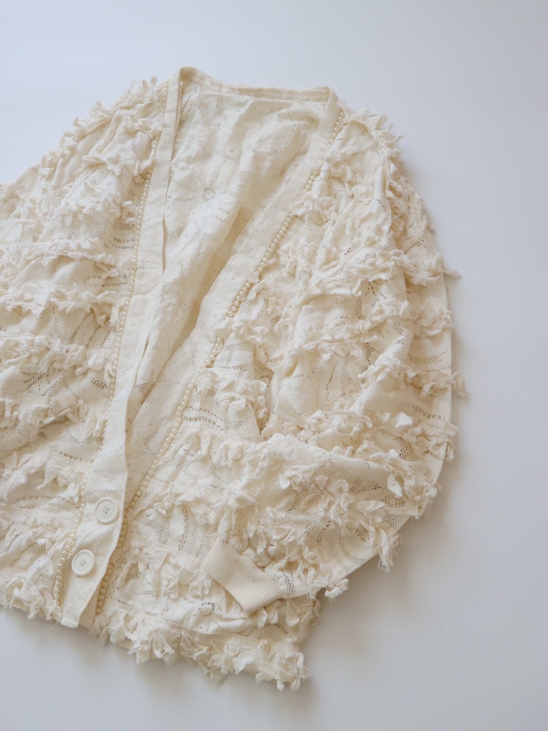 ●90s made in USA lace & frill & pearl embroidery design cotton 100% cardigan
