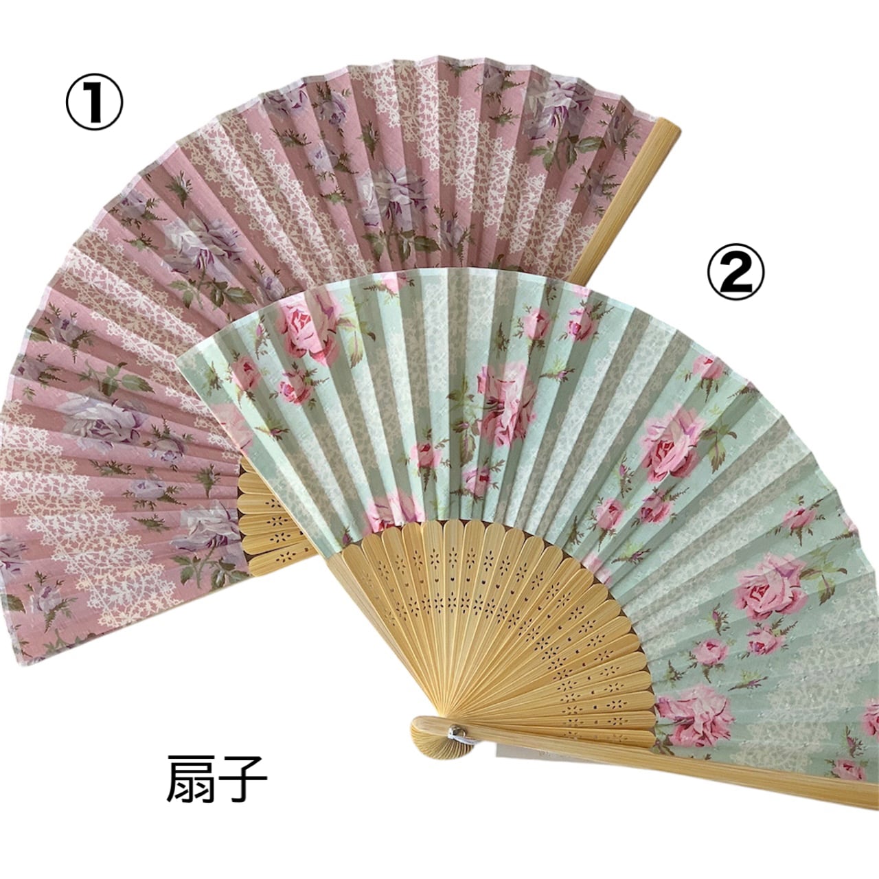 Z-6)【扇子】フラワーローズ ピンク グリーン 薔薇 ローズ 花柄 ピンク