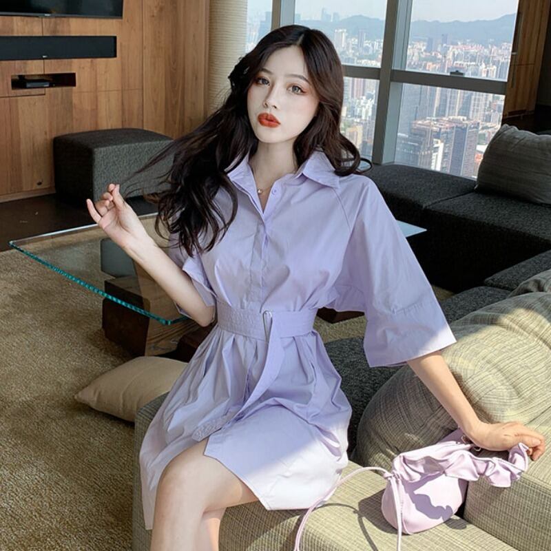 ウエスタン気質シャツドレスレディースサマードレス2020ニューウエスト細いAラインスカートルーズパープルショートスカート 1号婦人64966898781