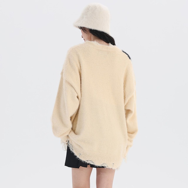 キャットシルエットダメージニットトップ 4col R01217