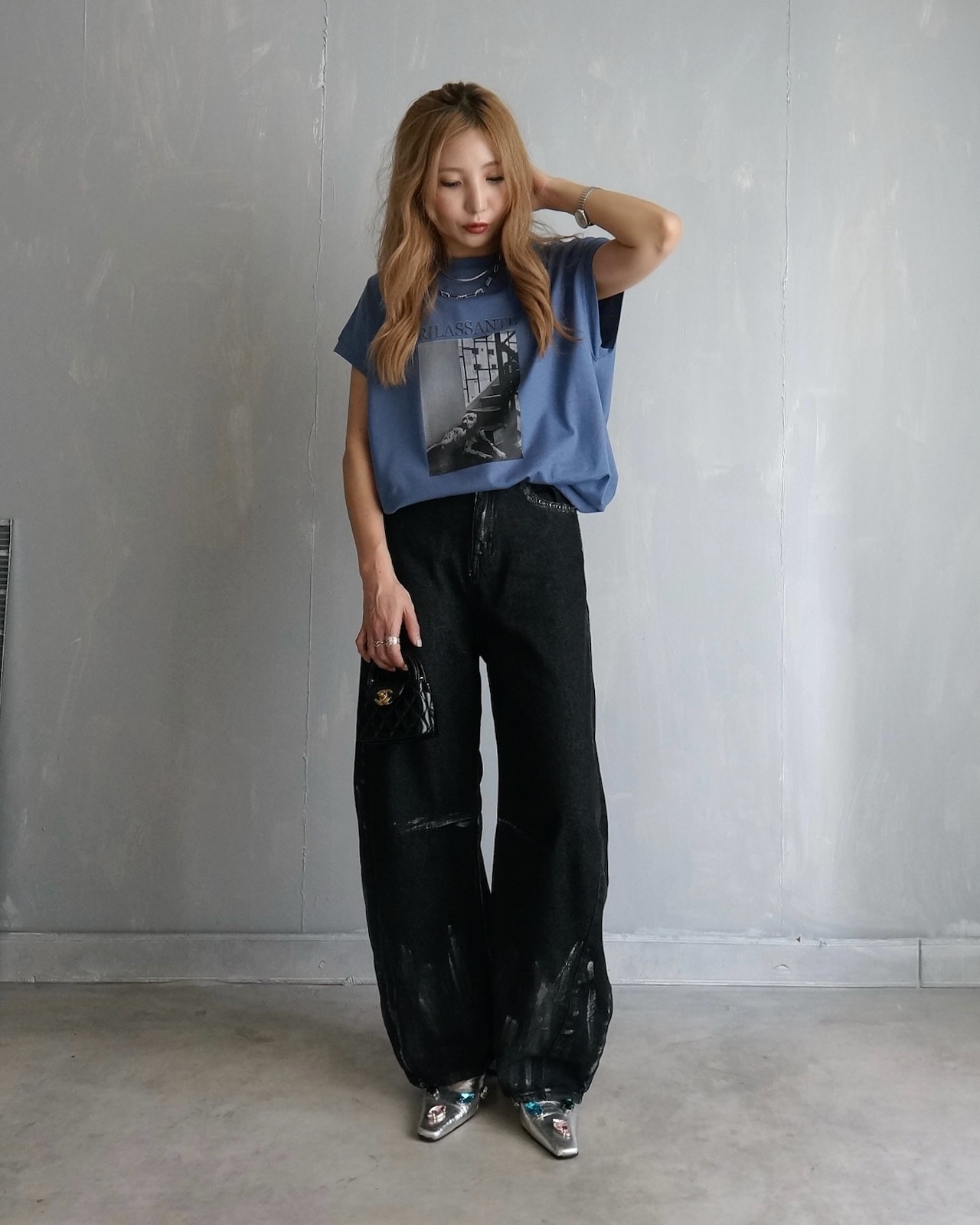 Dog graphic photoフレンチスリーブ接触冷感Tee／ブルーラベンダー