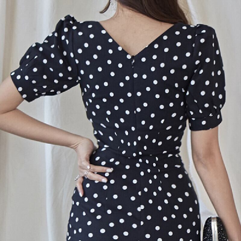 ワンピース ドット柄 Ol フォーマル レトロ 細見せ 気質満点 ハイウエスト ブラック S M L Ll Dresszone