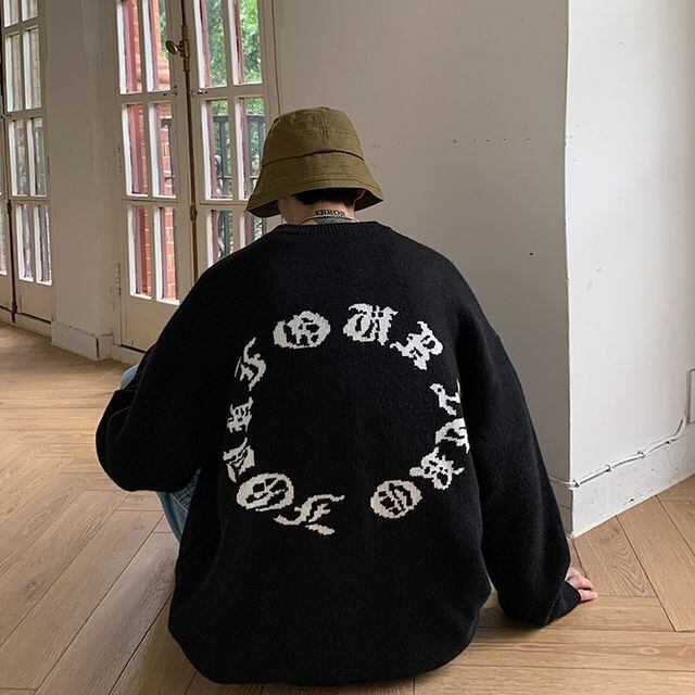 【予約販売】ニット オーバーサイズ クルーネック メンズ バックデザイン グレー ブラック セーター こなれ感 お洒落 韓国 トレンド 秋冬 M/L/XL/2XL