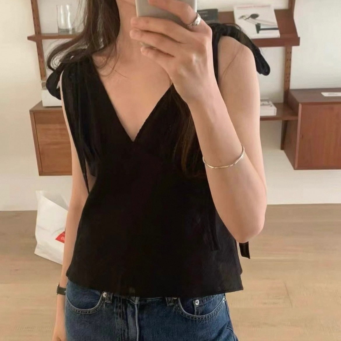 Ribbon Strap Sleeveless V-Neck Top | Molabella