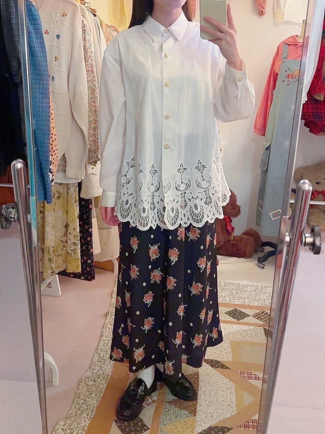 gold button hem lace blouse