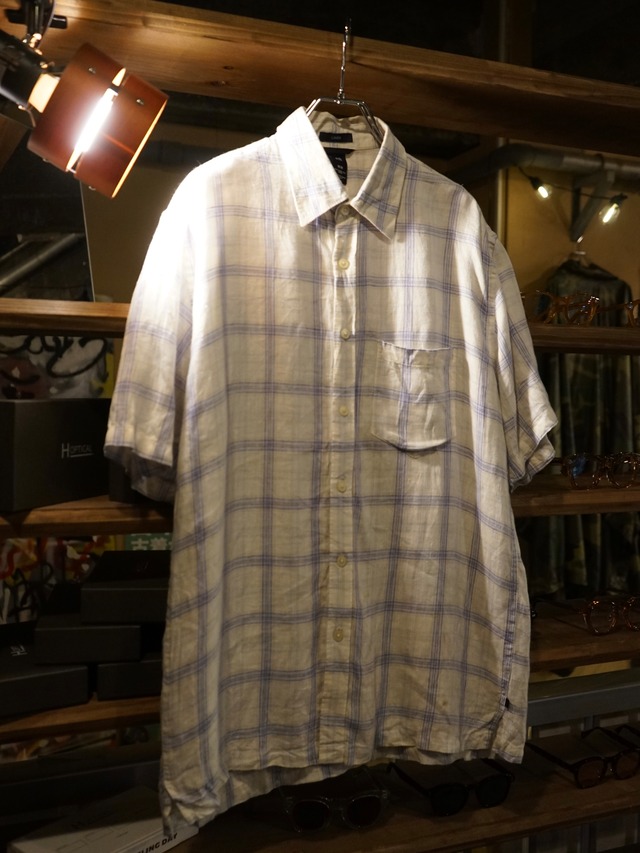 GAP Ivory Blue Plaid Linen Blend Short Sleeve Button Up Shirt