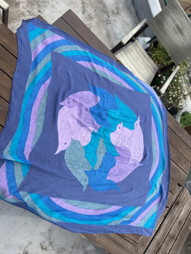 Vintage blue purple bird cotton scarf