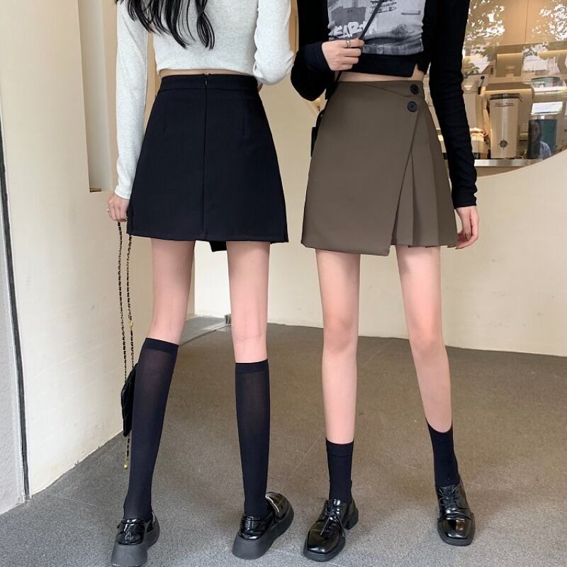 Aラインスカート スプリングオータムハイウェスト薄手ブラックプリーツショート 春物 秋物 1号婦人59786929213