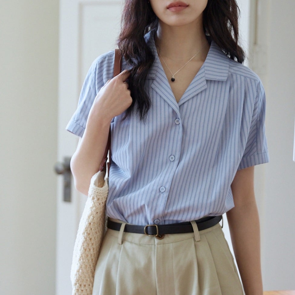 ストライプ柄 ボタンダウン ハーフスリーブシャツ 00113