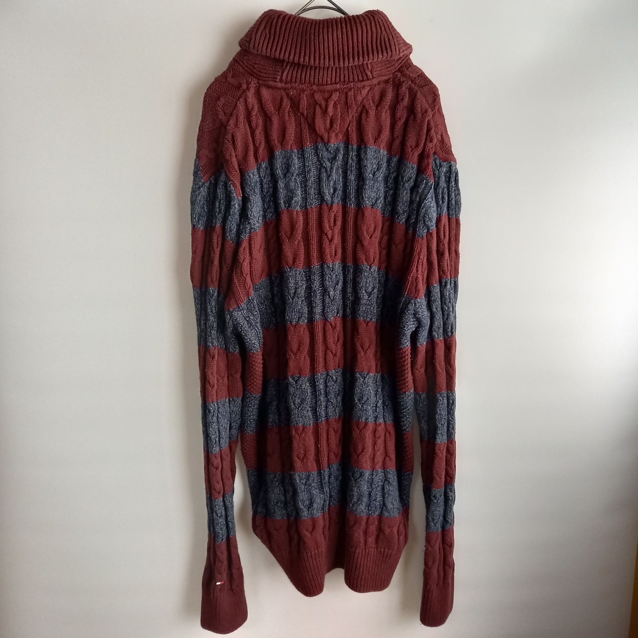 トミーヒルフィガー　ショールカラー　ケーブル編み　コットンセーター　ボーダー　M