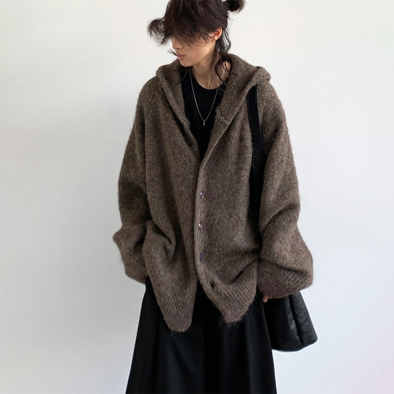 美品 23区 2XL 3L ウール　フード カーディガン グレー 黒　ニット jiwuusフード付きニットカーディガン | mblueshop