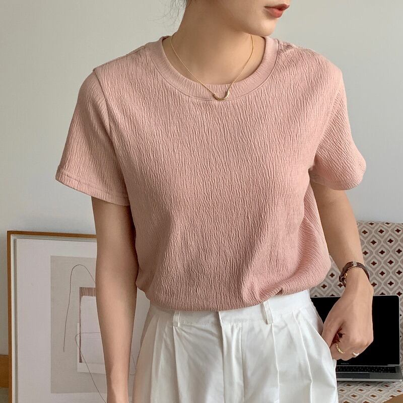 薄手ルーズショートスタイルラウンドネックTシャツ トップス Oネック ハンチェンe26159167409