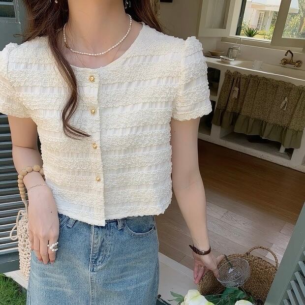 Button Front Short Sleeve Cropped Pullover | Molabella