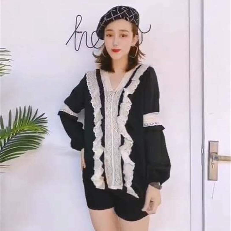 長袖Tシャツレディース2020年秋ニュースタイルルーズVネックレースシャツファッショナブルなウエスタンスタイルトップ ミックスインファッション3448318236