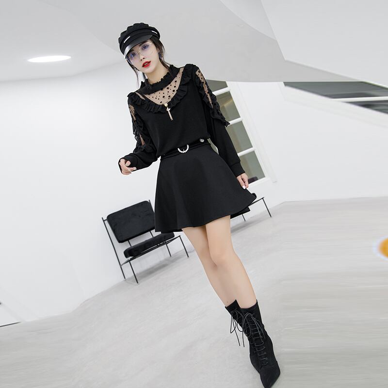 オータム薄手ラウンドネックTシャツ ルーズカジュアルプルオーバー トップス スカート ロング 大きめサイズ 秋物 Oネック ミックスインファッション65803788393