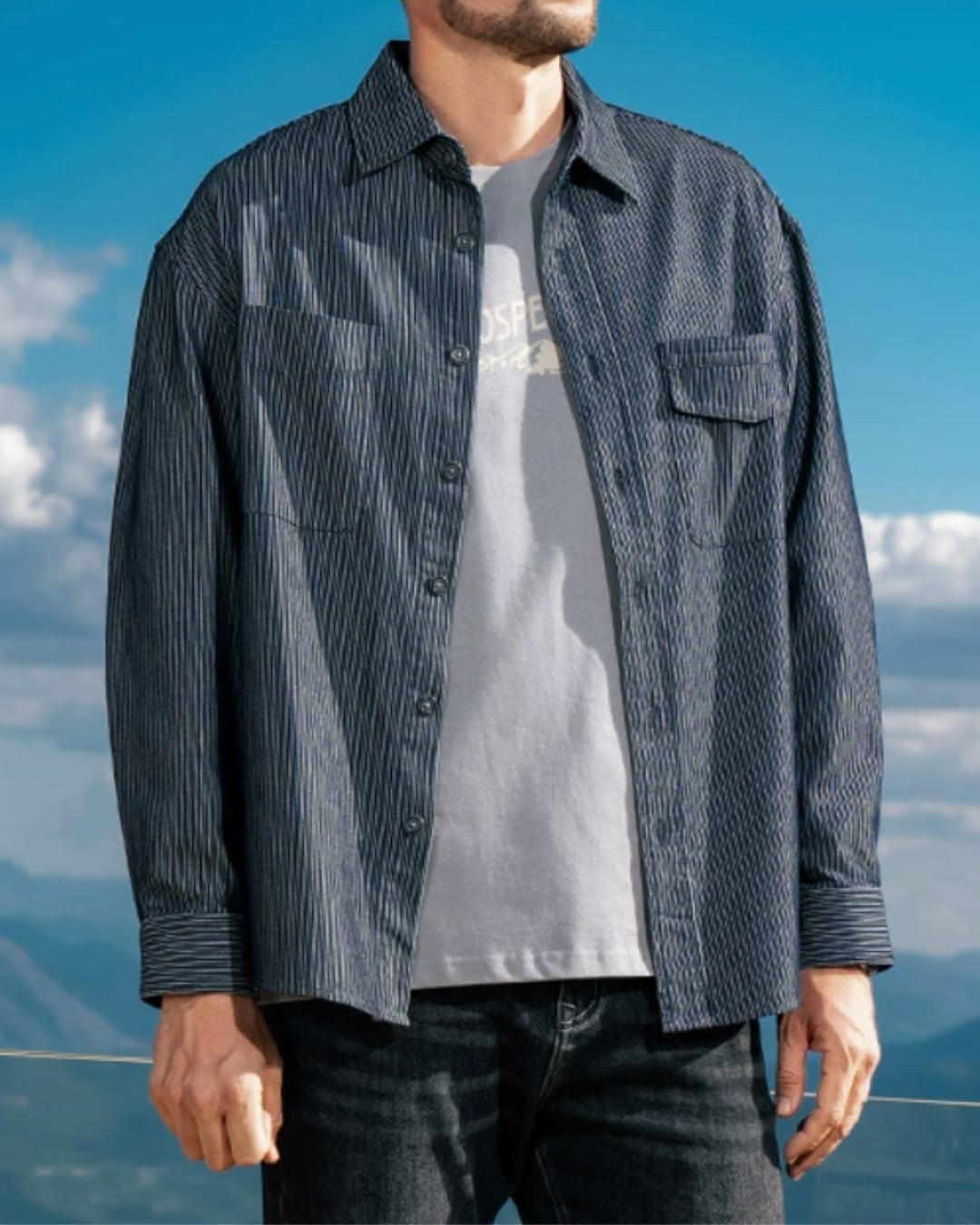 ストライプ デニム調ワークシャツ E0079