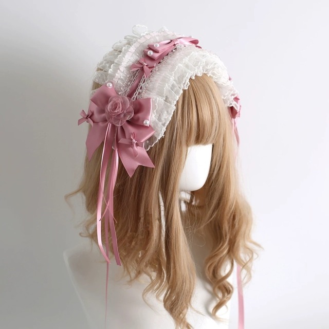 甘ロリ ピンクローズレースリボンロリータヘッドドレス 白×ピンク