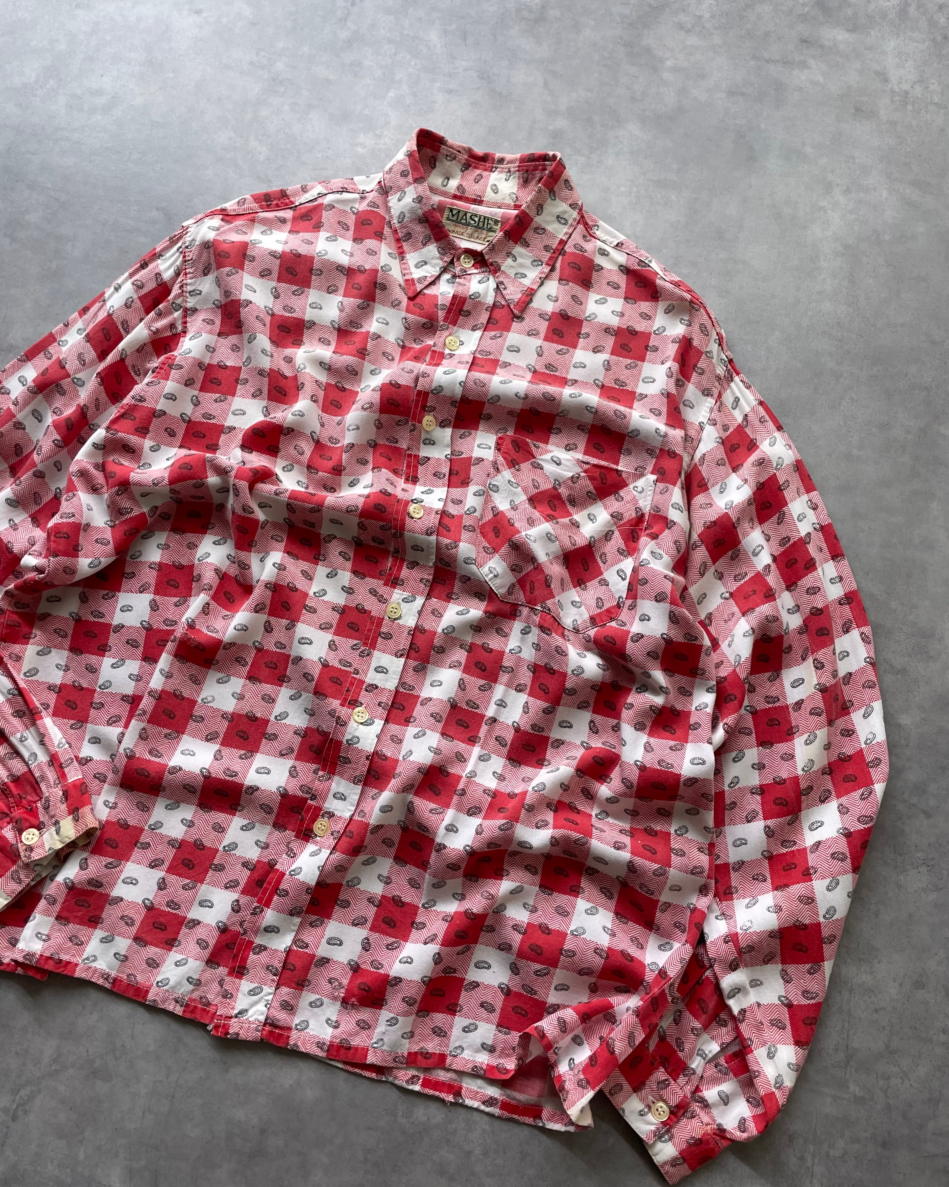 80s MASHE Paisley×Check L/S Rayon Shirt