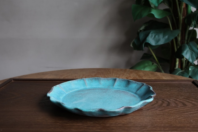 益子焼　わかさま陶芸 ひまわりのお皿 シャビーターコイズ