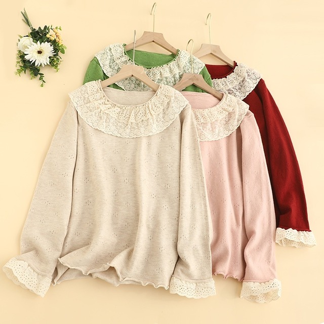 ラウンドネックレース襟長袖ニットセーター W1481