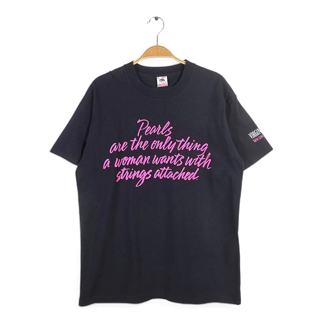 80s バージニアスリム タバコ USA製 ヴィンテージTシャツ 企業系 メッセージT ブラック フルーツオブザルーム シングルステッチ サイズL 古着 BZ0497