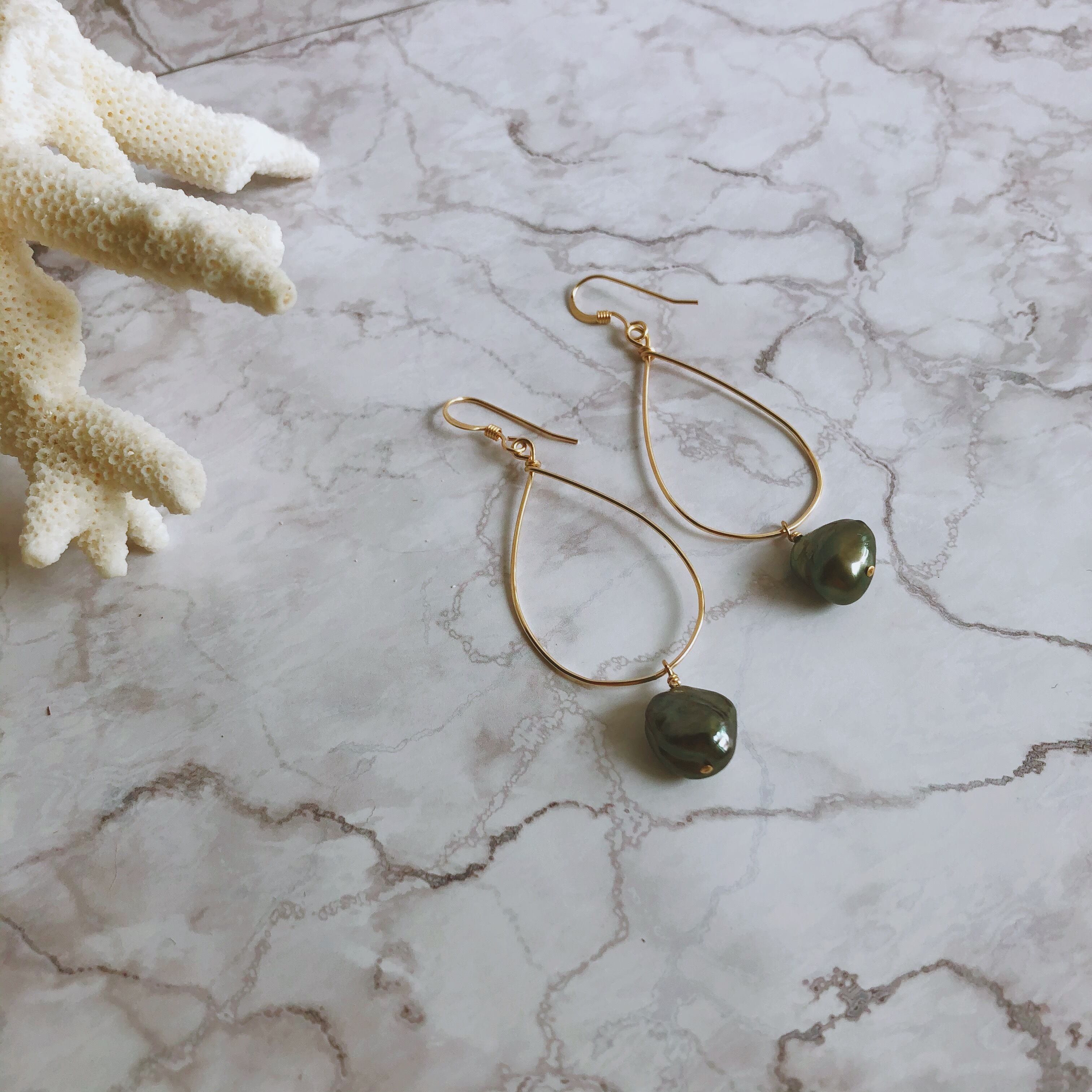 14kgf ケシパールとハーキマーダイヤモンドのフープピアス