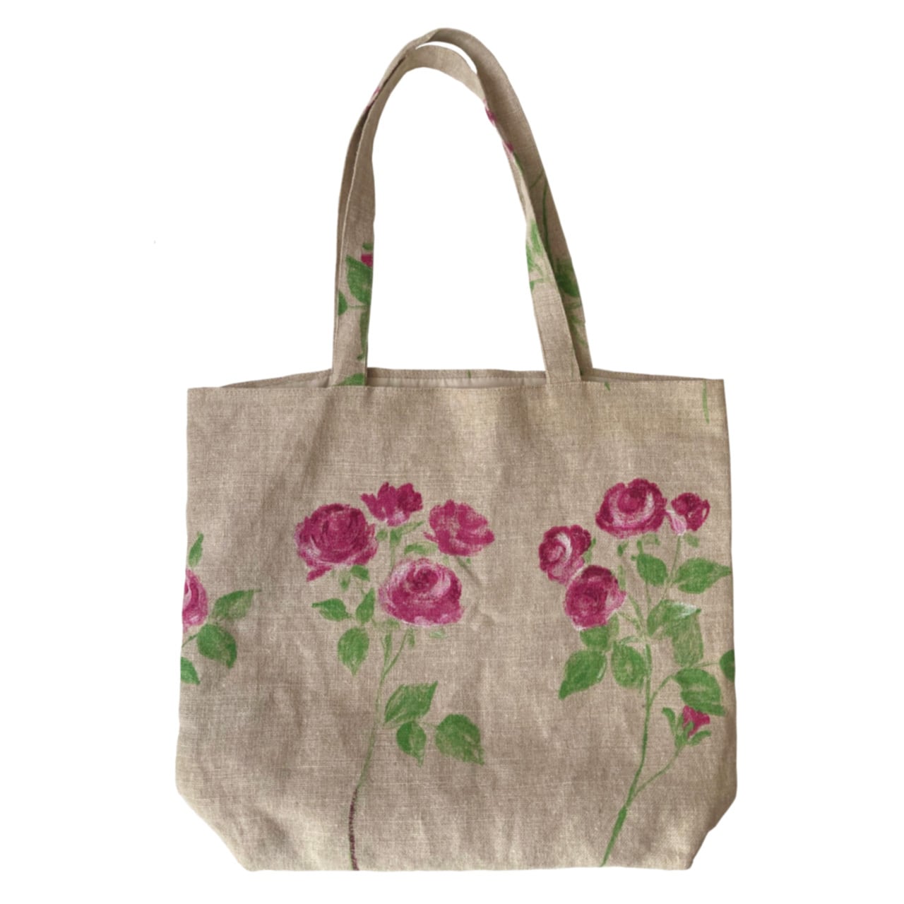 麻布に手刺繍の手提げバッグ(木綿裏地付き） | アトリエミナ 洋裁小物shop