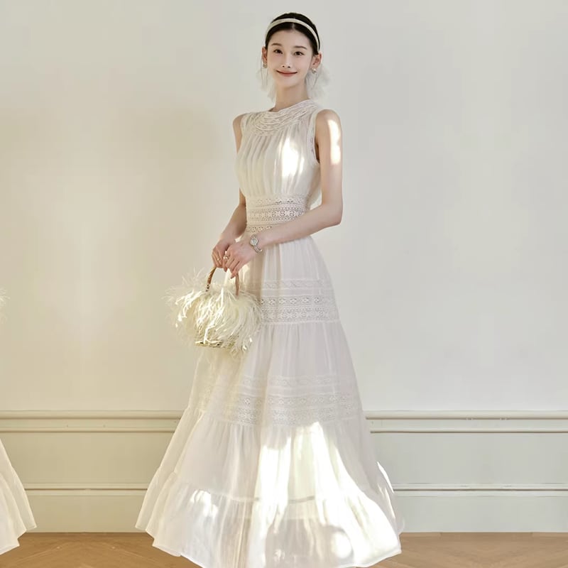 【dress】ノースリーブレースドッキングラミーロングワンピース Q8386