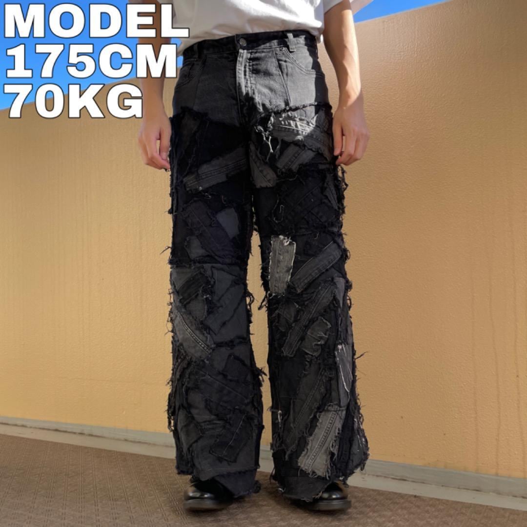 リメイクデニム ブラックデニム フレア ワイド ボトム 再構築 M 11667