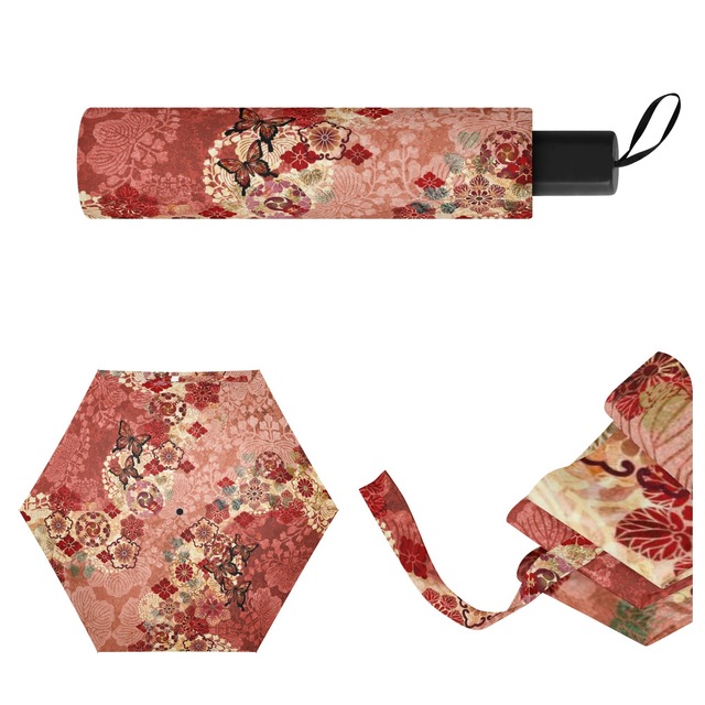 家紋装飾　珊瑚色　和柄折り畳み傘