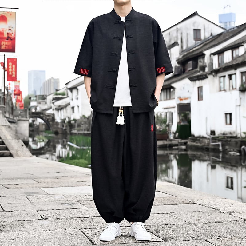 JUNYIシリーズ】☆チャイナ風セットアップ☆ 2color トップス+ズボン 2