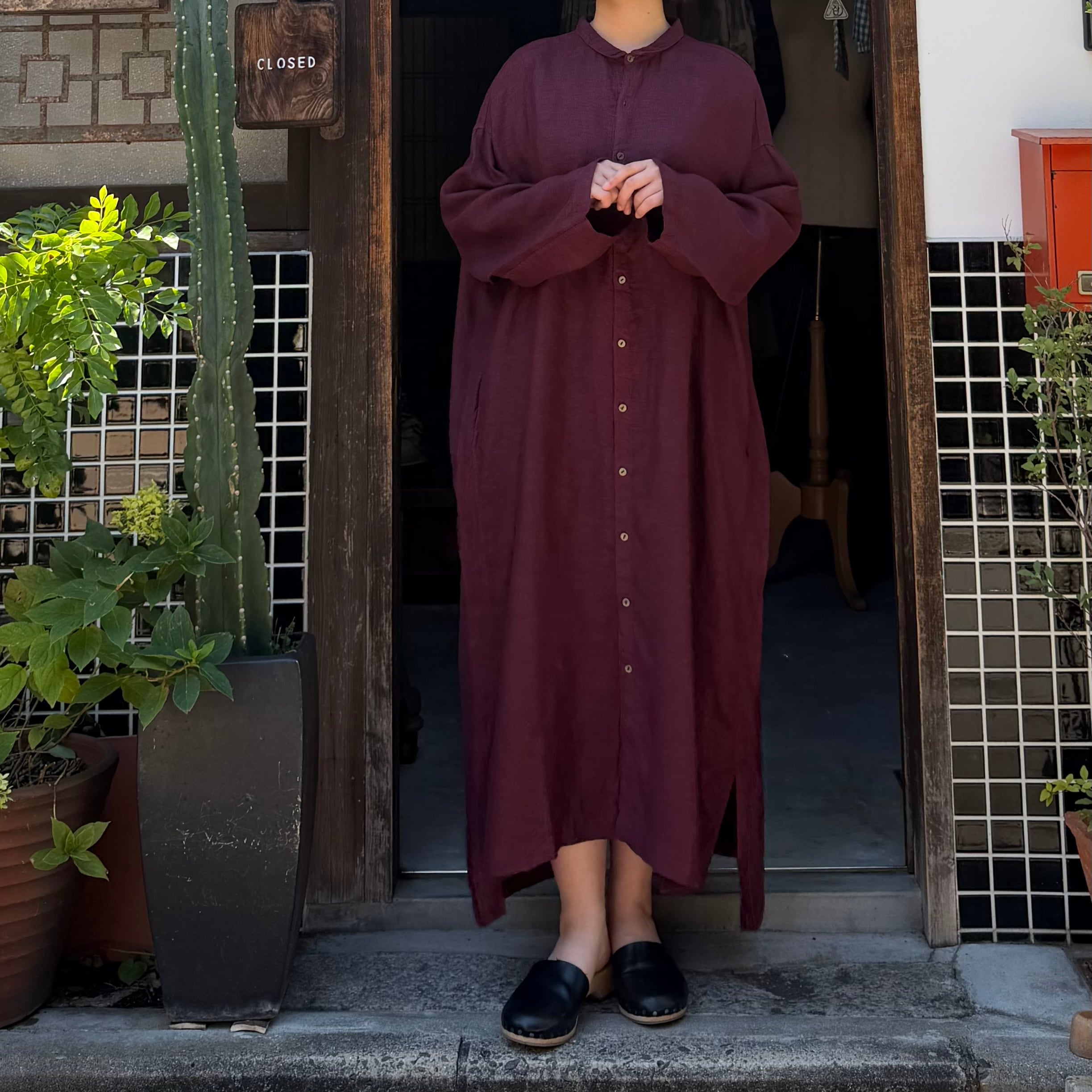 MITTAN OP-18 亜麻大麻シャツワンピース 黒赤 size 1